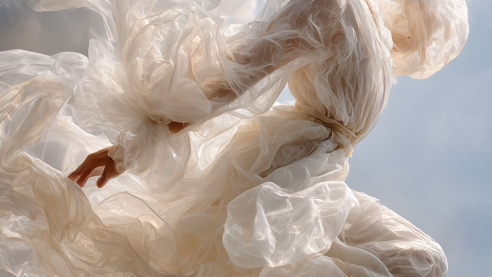 A figure wrapped in billowing translucent white fabric against a pale blue sky, one bare hand reaching out from the folds.